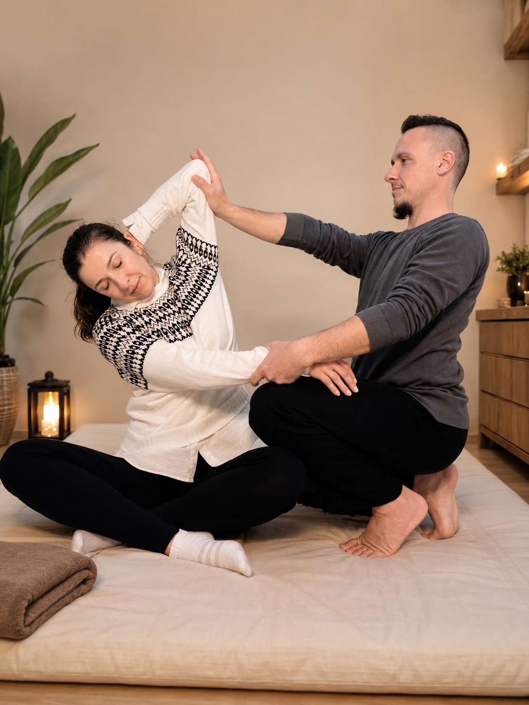 Gabriel Passos realizando uma sessão de Thai Massage, com a cliente vestida sobre o colchonete